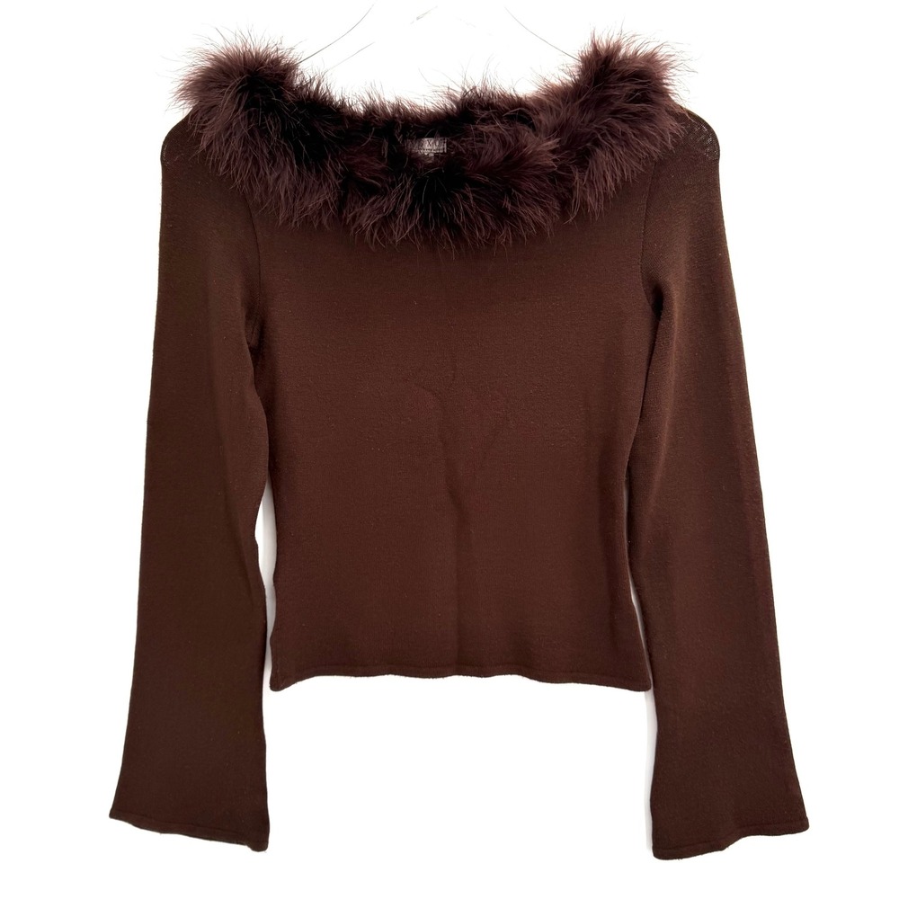 Y2K XOXO Feather Trim Neckline Top Size M Bell Sleeve Brown Knit Glam Chic